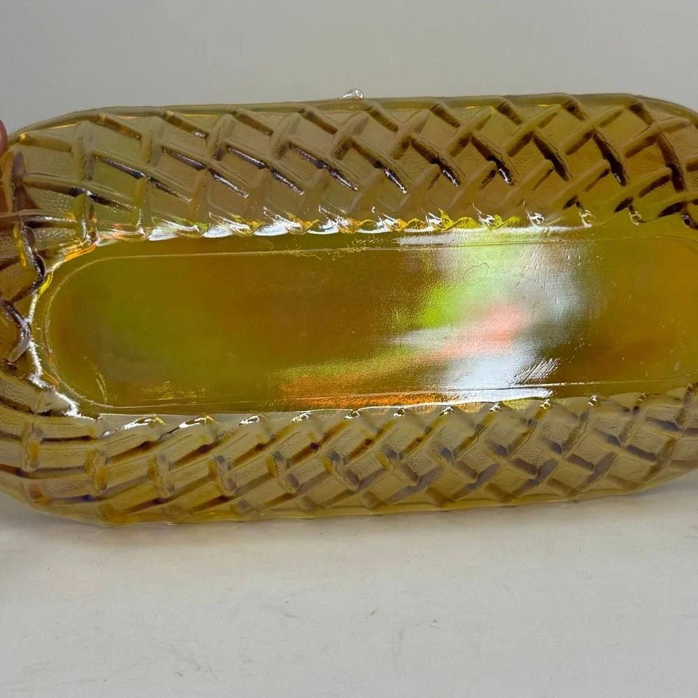 Vintage Amber Iridescent Glass Relish Dish Serving Tray Textured Embossed Retro